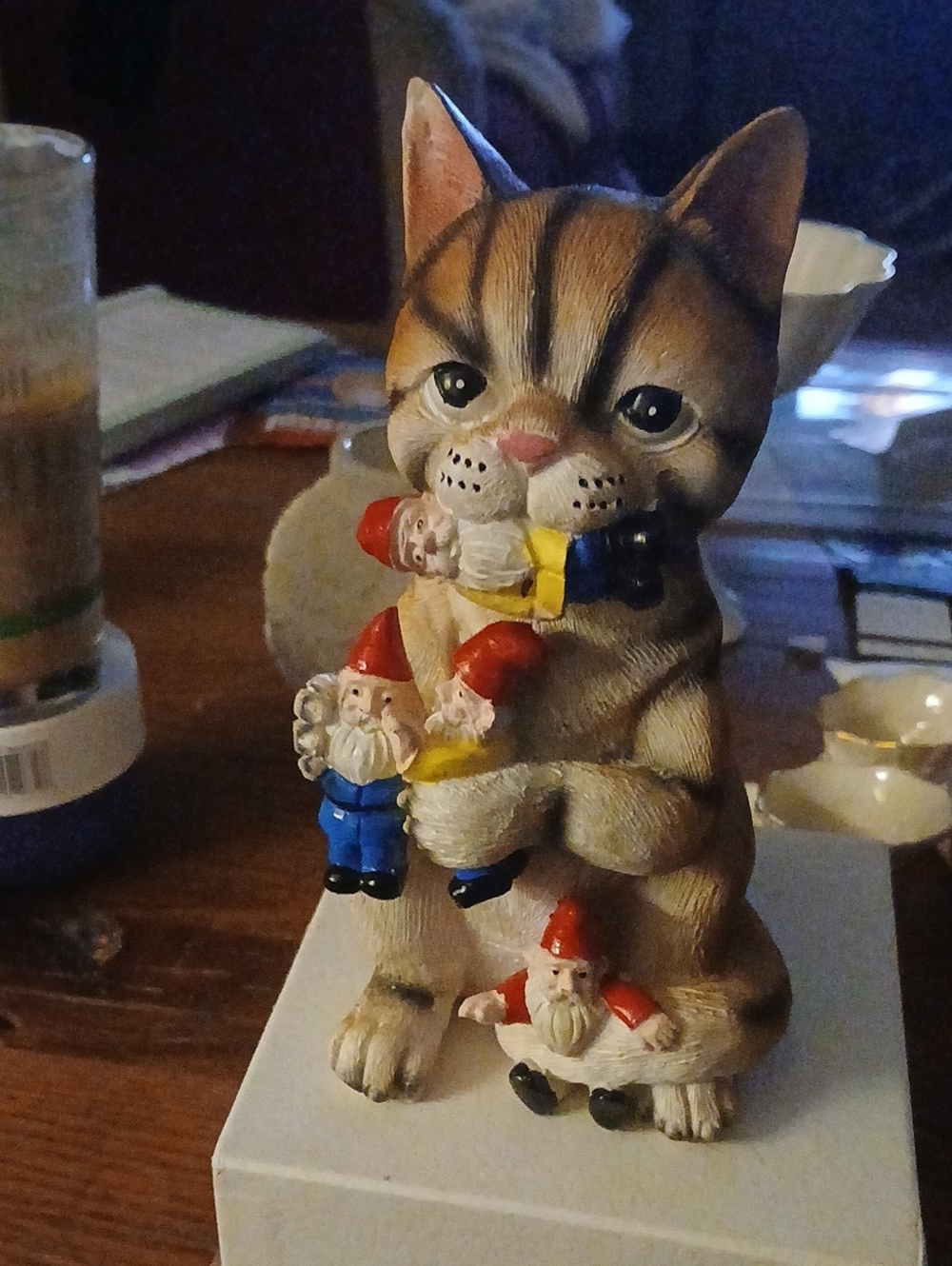 Decorative Kitten Figurine with Colorful Gnomes - Tan